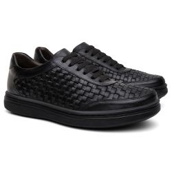 حذاء طبي كاجوال اسود جلد متقاطع بتصميم مميز