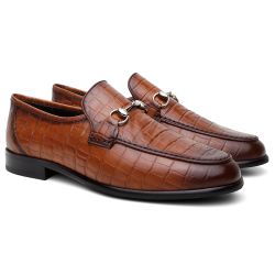 حذاء موكاسين كلاسيكي عسلي مريح بنقشة جلد التمساح